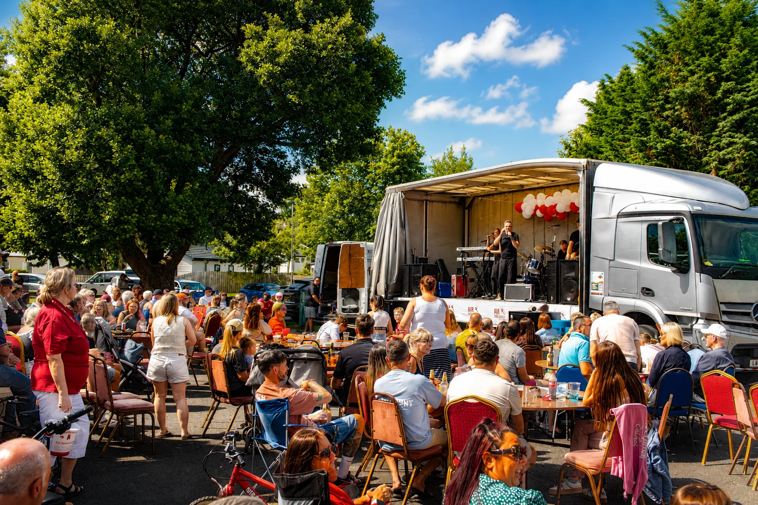 Families gathering for outdoor live entertainment at Castle Archdale